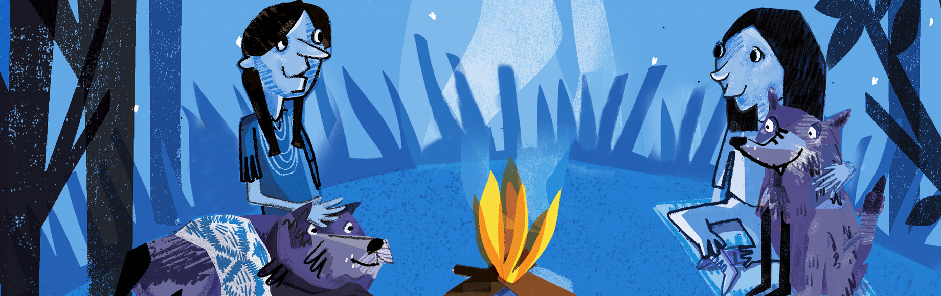 Two human cartoon figures with dogs around a bonfire at night