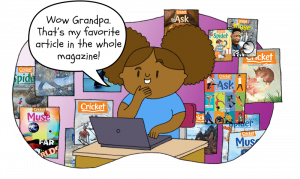 Student corresponding with her grandparent on a laptop, surrounded by Cricket Magazines
