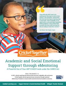 CricketTogether district flyer about academic and social emotional support through e-Mentoring