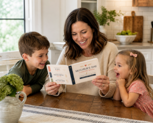 Mom reading a Mother’s Day coupon book with her two children at the kitchen table