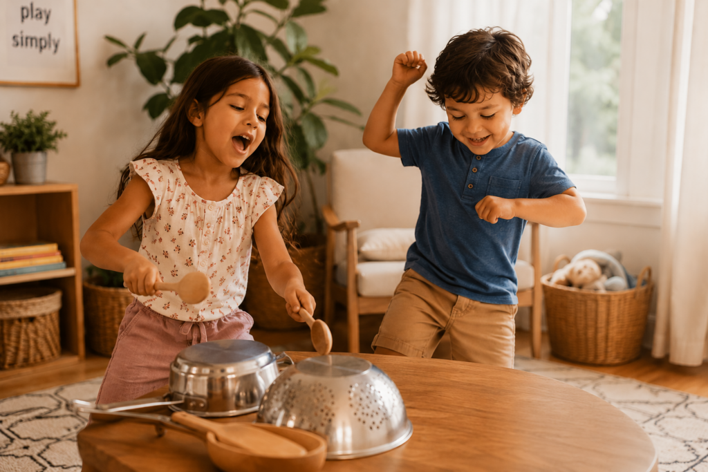 Two children playing music with kitchen utensils at home, showing how music helps children explore rhythm, creativity, and imagination