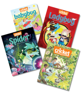 Array of Babybug, Ladybug, Spider, and Cricket magazines, showing how analog childhood grows with kids from ages 0 to 12