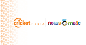 Cricket Media and News-O-Matic logos shown together for the announcement that News-O-Matic content is now available through Cricket Media’s licensing library.