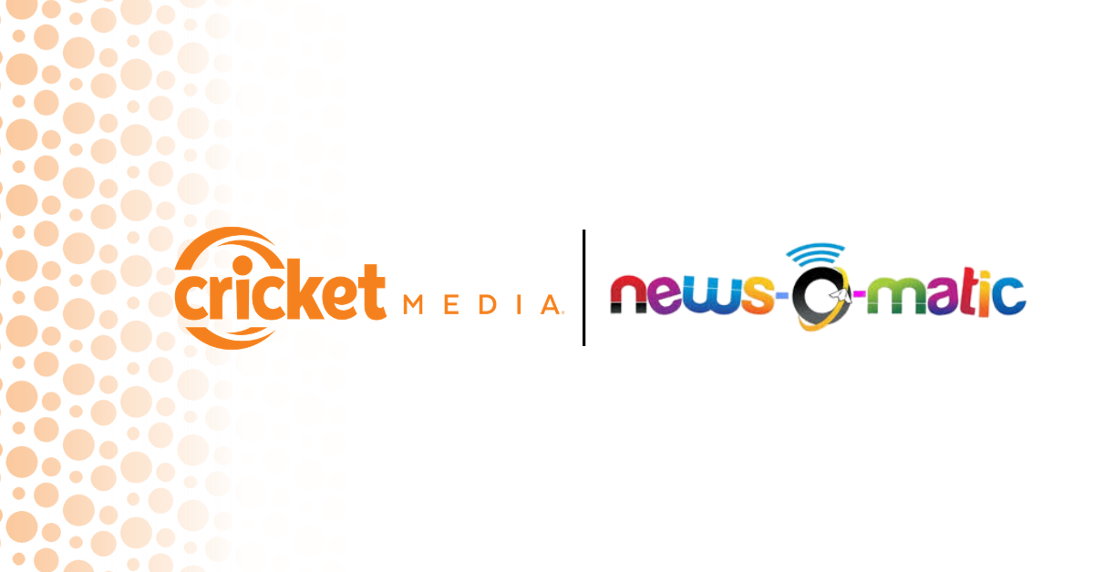Cricket Media and News-O-Matic logos shown together for the announcement that News-O-Matic content is now available through Cricket Media’s licensing library.