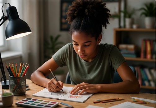 Preteen girl drawing at a desk with art supplies, focused on creative work without a phone or social media audience.