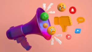 Illustration of a megaphone with reaction icons, sad faces, and social media symbols representing online feedback pressure.