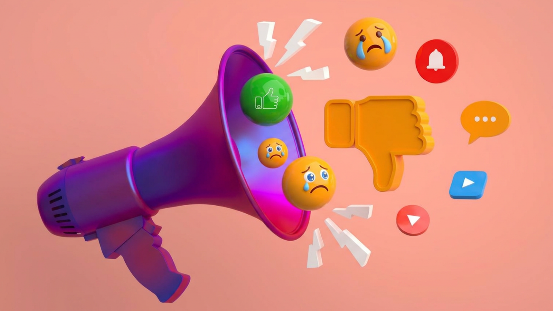 Illustration of a megaphone with reaction icons, sad faces, and social media symbols representing online feedback pressure.