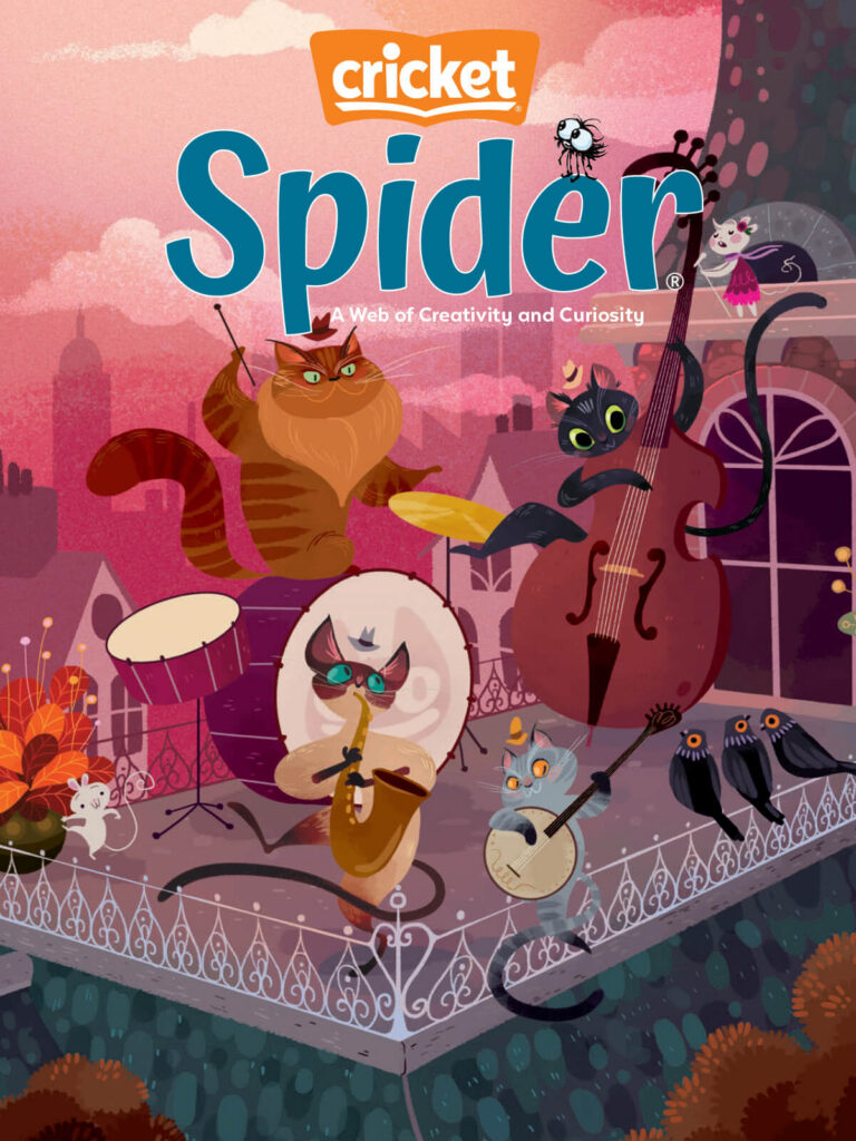 Spider Magazine July/August 2026 cover featuring Stomp, Clap, Sing! with music, instruments, sound, and vibration activities for kids.