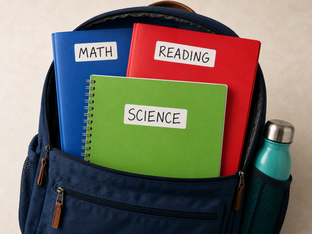 Open backpack with color-coded school supplies, including a blue MATH folder, red READING folder, and green SCIENCE notebook.