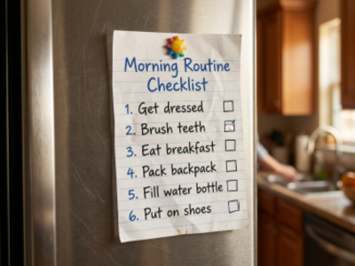 A back-to-school routine checklist tacked to a refrigerator with steps for getting dressed, brushing teeth, eating breakfast, packing a backpack, filling a water bottle, and putting on shoes.