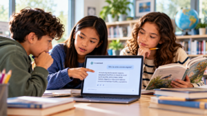 Students compare an AI-generated answer about animal migration with a printed book to practice AI literacy and source verification.
