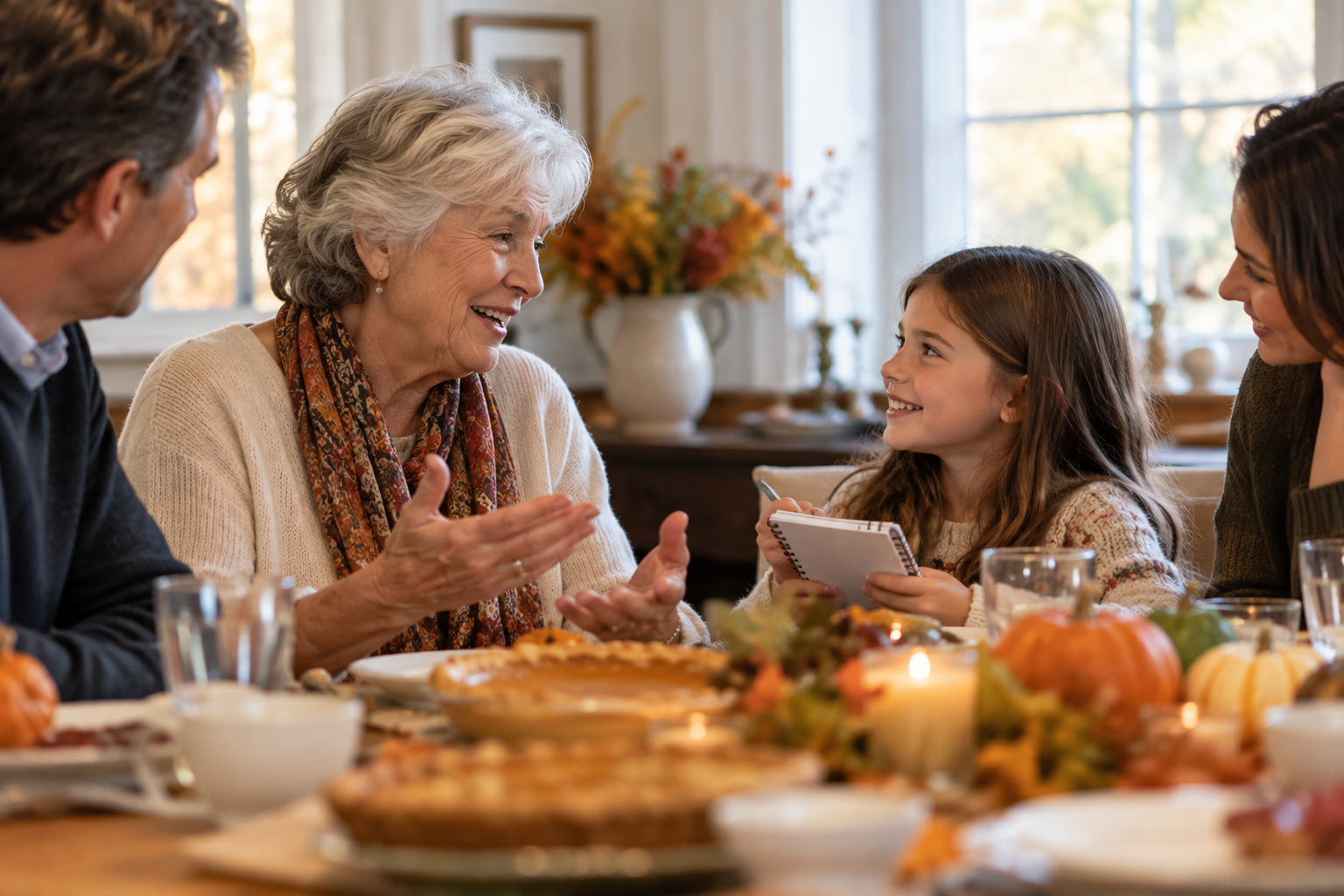 Young girl interviewing her grandmother at a Thanksgiving family gathering
